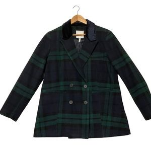 AVEC LES FILLES sz Large Peacoat Tartan Plaid Pockets Velvet Trim Blue Green NWT